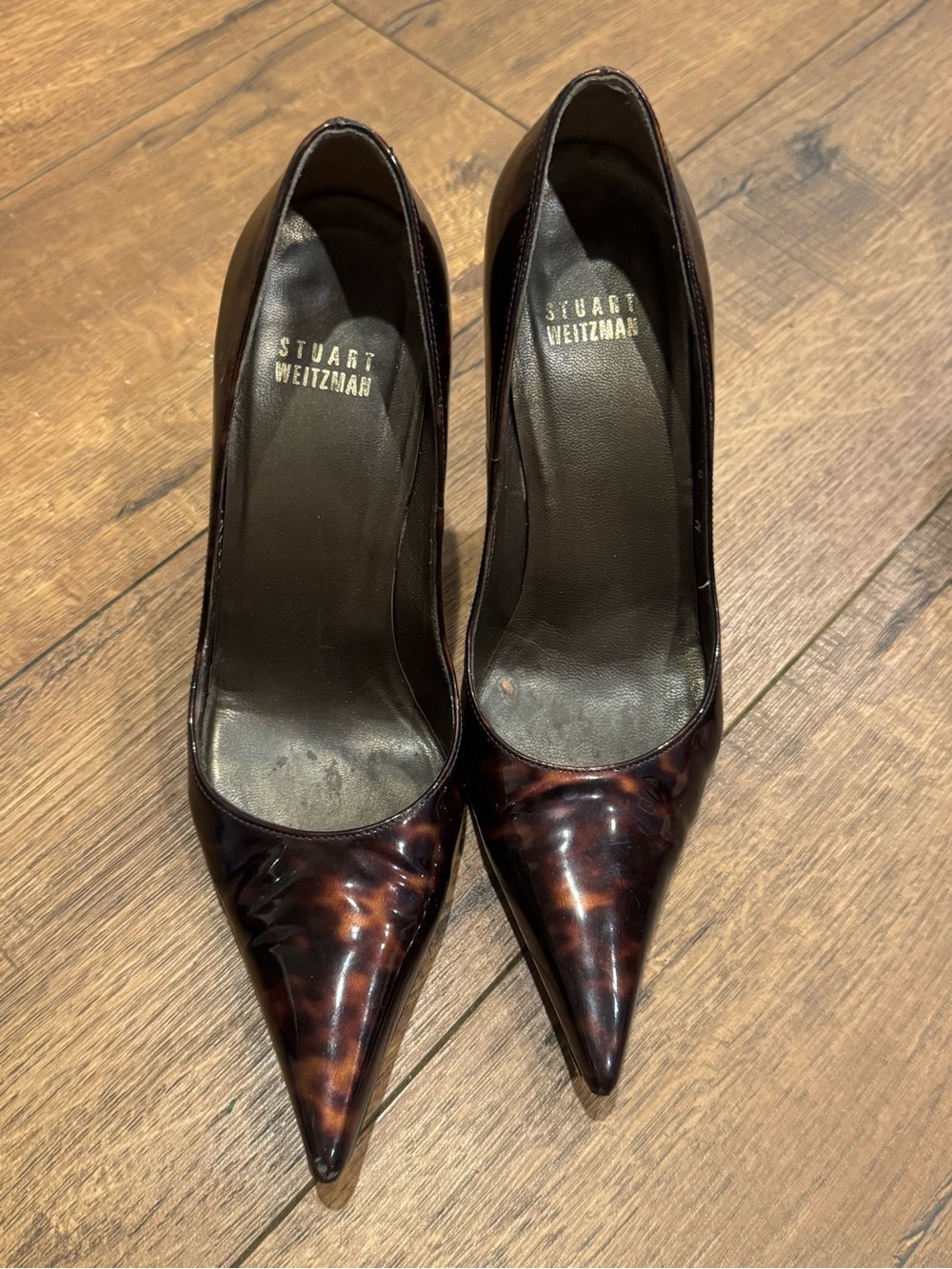 Stuart Weitzman Pointed-Toe Tortoiseshell Patent Pumps - Dark Brown